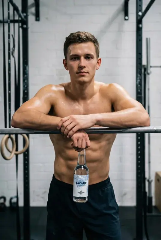 Sportler im Fitnessstudio trinkt Wasserstoffwasser AWAKE