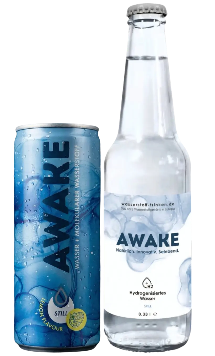 AWAKE Wasserstoffgetränk Dose und Glasflasche