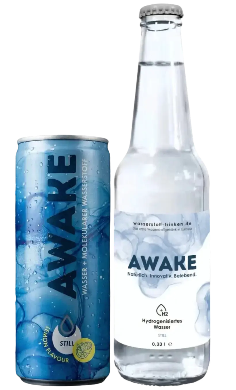 AWAKE Wasserstoffgetränk Dose und Glasflasche
