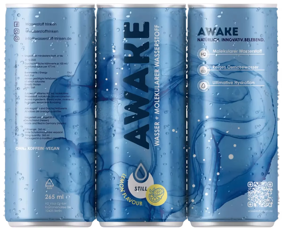 AWAKE Wasserstoff Wasser Produkte – Dose und Glasflasche