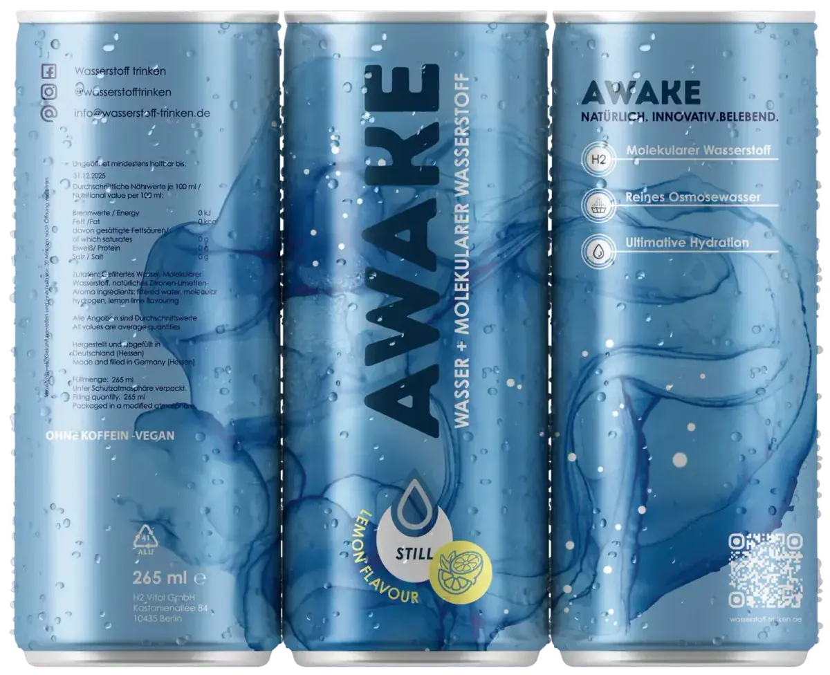 AWAKE Wasserstoff Wasser Produkte – Dose und Glasflasche