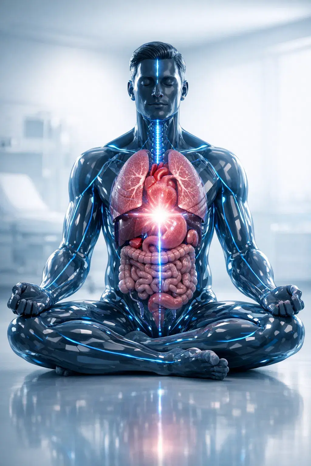 Transparenter Körper in Meditationshaltung – Visualisierung von H₂ im Körper