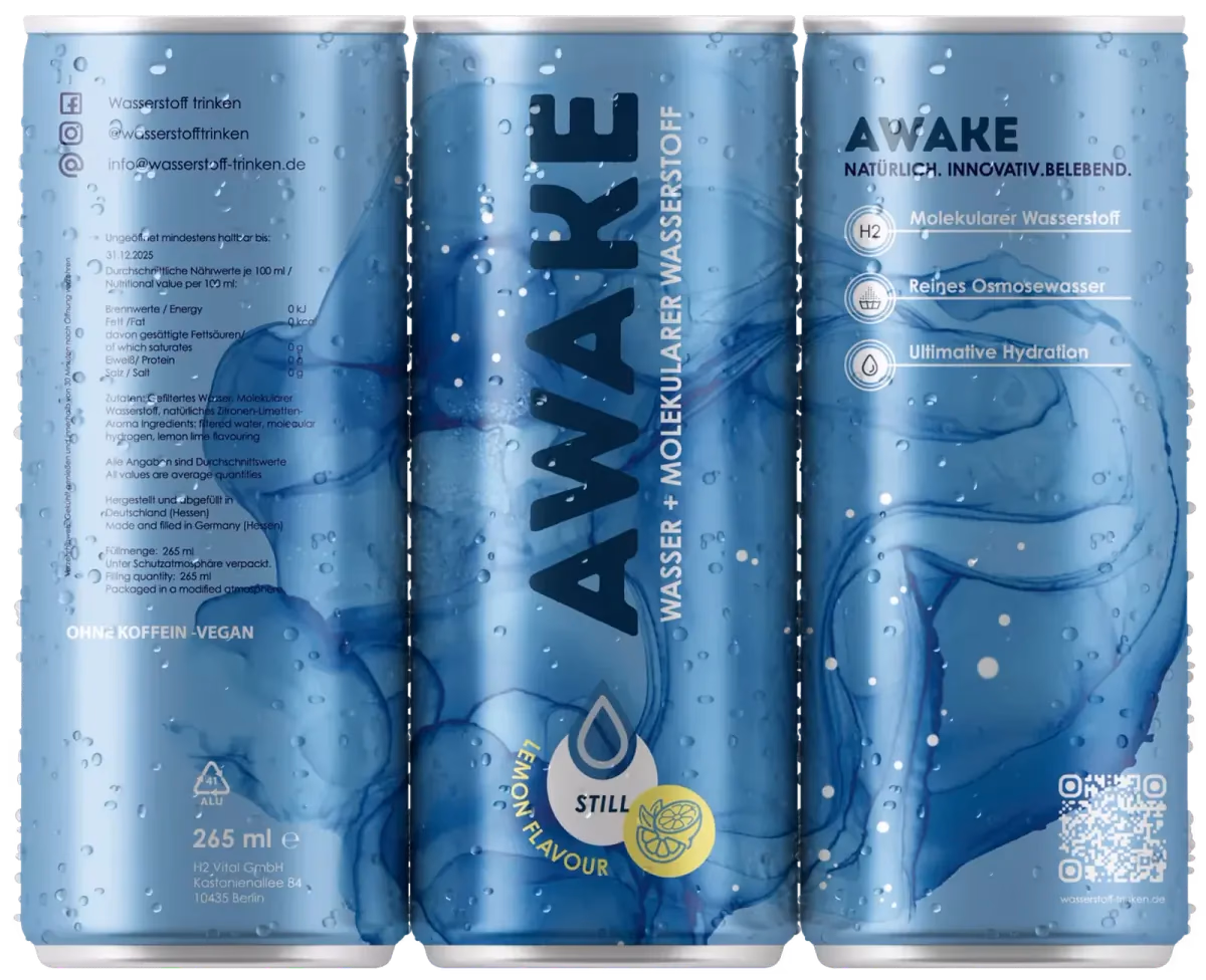 AWAKE Wasserstoffwasser – Dose und Glasflasche