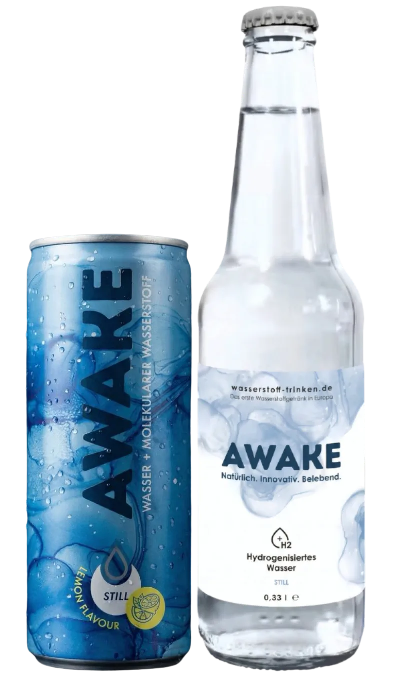 AWAKE Wasserstoffwasser – Glasflasche und Dose mit Nanobubble-Technologie
