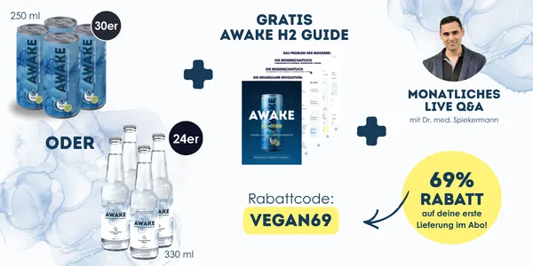 AWAKE Angebot: Dose 30er oder Flasche 24er, gratis AWAKE H2 Guide und monatliches Live Q&A mit Dr. med. Spiekermann. Rabattcode VEGAN69 für 69% Rabatt auf die erste Lieferung im Abo.