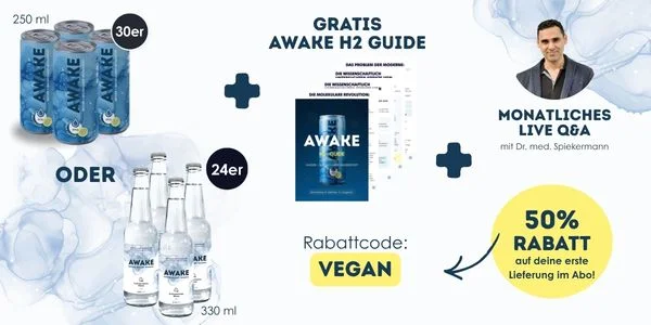 AWAKE Angebot: Dose 30er oder Flasche 24er, gratis AWAKE H2 Guide und monatliches Live Q&A mit Dr. med. Spiekermann. Rabattcode VEGAN für 69% Rabatt auf die erste Lieferung im Abo.